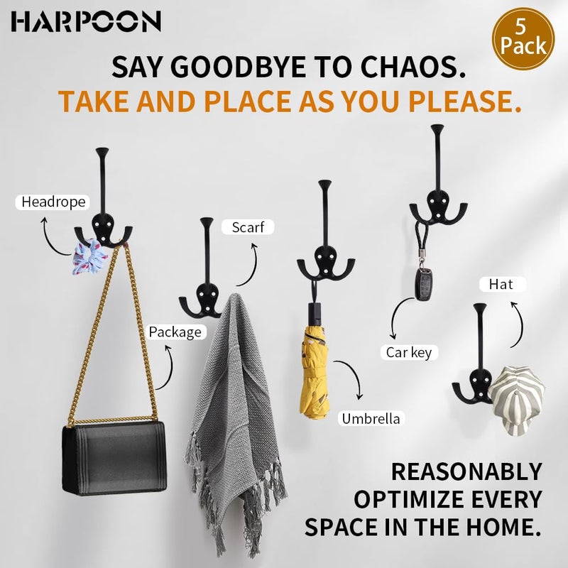 HARPOON 5 Pack Heavy Duty Three Flared Prongs, 4.4 Inch Coat Hooks, Oil-Rubbed Bronze - Image 3